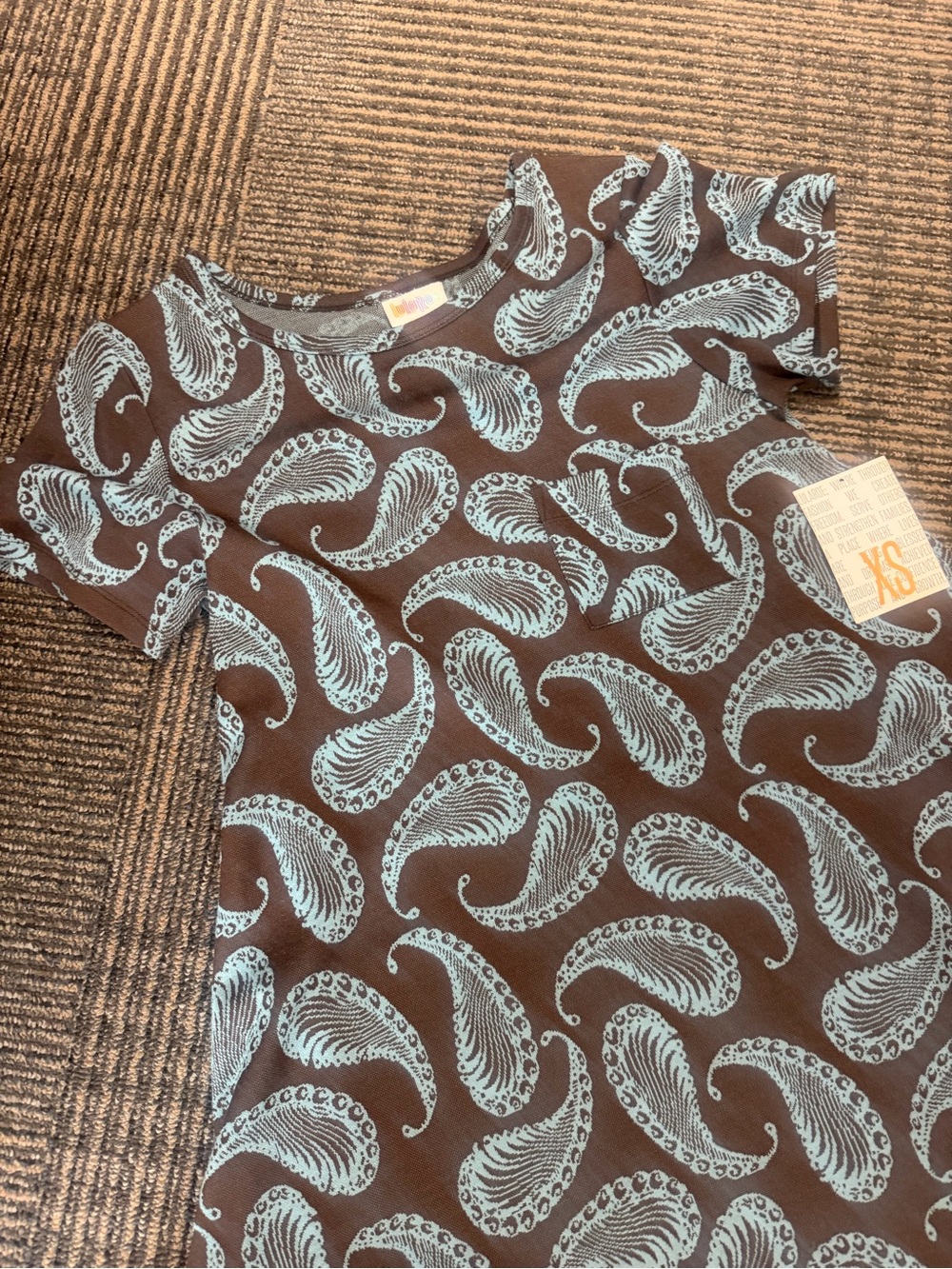 NWT LuLaRoe Carly Dress Jacquard Brown Light Blue Paisley Sz XS